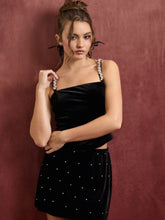 Velvet Square Neck Cami Top With Rhinestone Straps