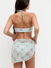 Floral Halter Bikini Set With Sarong