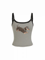 Striped Dog Graphic Scoop Neckline Crop Cami Top