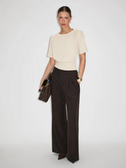 Boat Neck Short Sleeve Pleated Top With Shoulder Pads