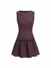 Cotton-blend Round Neck Plaid Studded A-line Mini Dress