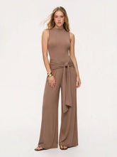 High Neck Tie Waist Draped Wide Leg Jumpsuit