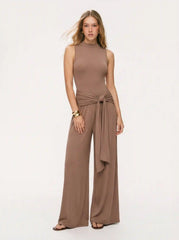 High Neck Tie Waist Draped Wide Leg Jumpsuit