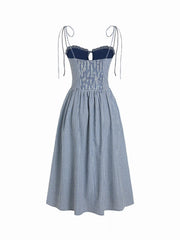 Cotton-blend Gingham Ruched Bowknot Strappy A-line Maxi Dress