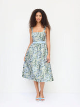 Jacquard Sculptural Floral Square Neck Lace Up Flared Midi Dress