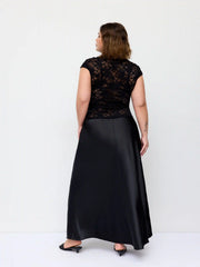Lace Mandarin Collar Knotted Ruched See-through Top & Satin Mid Rise Maxi Skirt Set Curve & Plus
