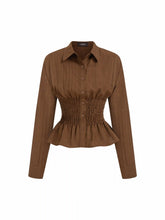 Collar Long Sleeve Shirred Ruffled Hem Blouse