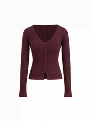 Knit Textured V-neck Long Sleeve Button Cardigan