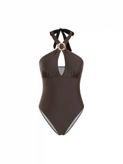 Halter Neckline Metal Button Hollow Out One-pieces