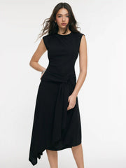 Round Neck Belted Asymmetrical Hem Midi Dress