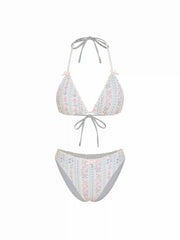 Floral Halter Lace Trim Triangle Cheeky Bikini Set