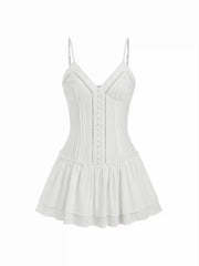 Cotton-blend V-neck Lace Panel Corset Ruffle Hem Flared Cami Mini Dress