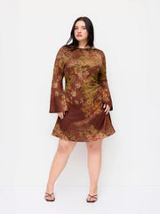 Floral Boat Neck Bell Sleeve Ruched Mini Dress Curve & Plus