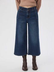 Stretch Denim High Rise Wide Leg Cropped Jeans With Metal Button
