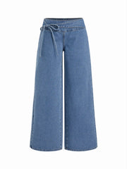 Denim Low Rise Washed Drawstring Wide Leg Jeans