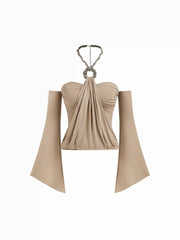 Halter Neckline Draped Metal Detail Top