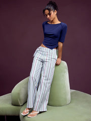 Linen-blend Low Rise Striped Belted Wide Leg Trousers