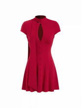 High Stretch Solid Stand Collar Cut Out A-line Mini Dress With Scarf