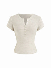 Linen-blend Henley Neck Short Sleeve Top