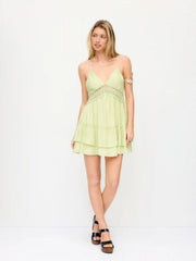 V-neck Halter Neckline Backless Guipure Lace Layered A-line Mini Dress