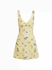 Fruit Gingham V-neck Bowknot A-line Mini Dress