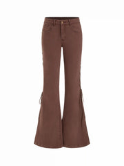 Stretch Washed Denim Low Rise Drawstring Flared Trousers Jeans