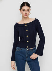 Multi-way Cable Knit Boat Neck Metal Detail Cardigan