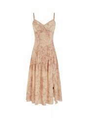 Chiffon Paisley Print V-Neck Lace Trim A-line Maxi Dress