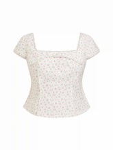 Cotton-blend Floral Square Neck Lace Trim Bowknot Blouse Curve & Plus