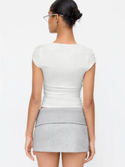 Cotton-blend Square Neck Ruched Short Sleeve Tee