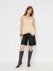 V-neck Lace Trim Asymmetrical Hem Ruched Oversized Cami Blouse