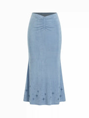 Textured Mid Rise Star Graphic Ruched Mermaid Maxi Skirt