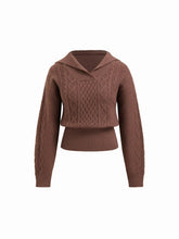 Cable Knit Collar Long Sleeve Cinched Waist Top