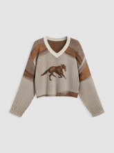 Knitted V-neck Horse Stripe Long Sleeve Sweater