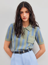 Knit Polo Collar Striped Pocket Short Sleeve Top