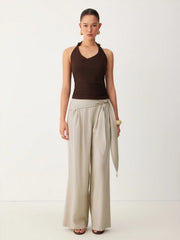 Linen-blend Low Rise Wrap Waist Wide Leg Trousers