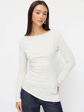 Cotton-blend Striped Boat Neck Long Sleeve Ruched Asymmetrical Hem Top