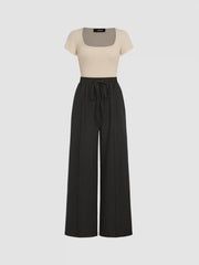 U-neckline Bodysuit & Elastic Waist Wide Leg Pants Set