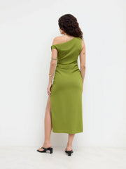 Asymmetrical Neck Ruched Split Maxi Dress