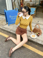 Cotton-blend Plaid Boat Neck Cropped Top