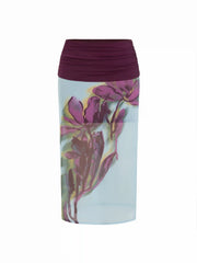 Mesh V-neck Tank Top & Mid Rise Floral Ruched Split Pencil Maxi Skirt Set Curve & Plus
