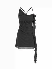 Mesh Asymmetrical Neck Ruched Floral Applique Mini Dress