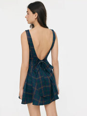 Plaid Bowknot Backless Ruffle Mini Dress