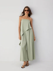 Satin Strapless Asymmetrical Mid Rise Oversized Wide Leg Jumpsuit
