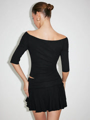 Cotton- blend Off-shoulder Metal Detail Top & Low Rise Ruched Mini Skirt Set