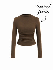 Thermal Cotton-blend High Neck Ruched Long Sleeve Tee