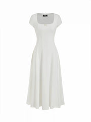 Scoop Neck Short Sleeve Rosette Flared Maxi Dress