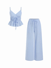 Gingham V-Neck Ruched Peplum Top & Mid Rise Wide Leg Trousers Set