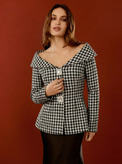 Tweed Houndstooth Collar Rhinestone Detail Cinched Waist Blazer