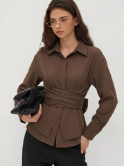Collar Wrap Ruched Bowknot Long Sleeve Blouse